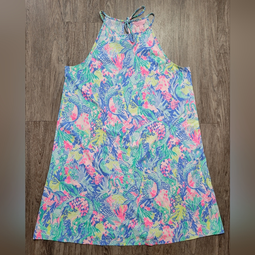 Lilly Pulitzer Margo Swing Dress Mermaids Cove Blue & Pink Tassel Tie Beachy LG